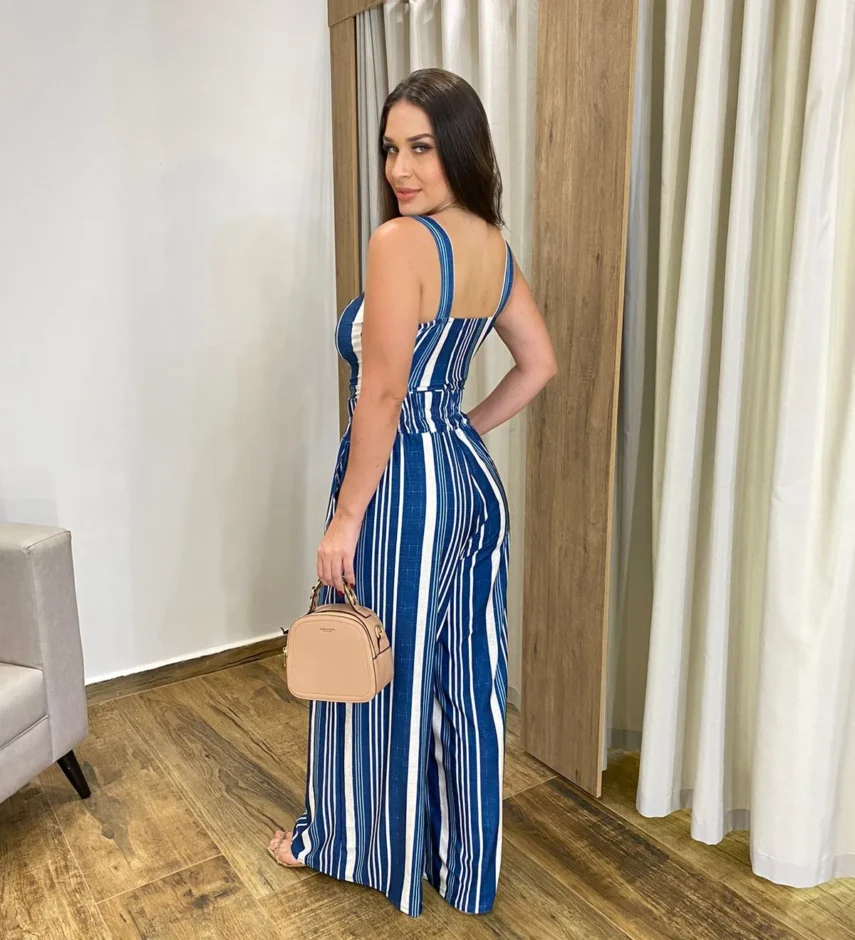 Conjunto Feminino Cropped com Bojo e Calça Pantalona Estampado Azul - Fernanda Ramos Store