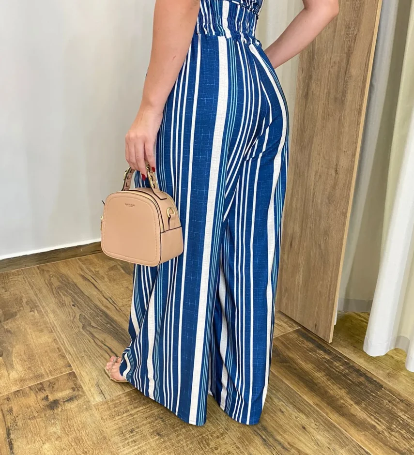 Conjunto Feminino Cropped com Bojo e Calça Pantalona Estampado Azul - Fernanda Ramos Store