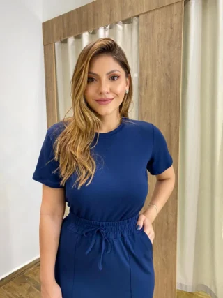 Conjunto Feminino Moletinho Suzy Cropped e Saia Midi Azul Marinho - Fernanda Ramos Store