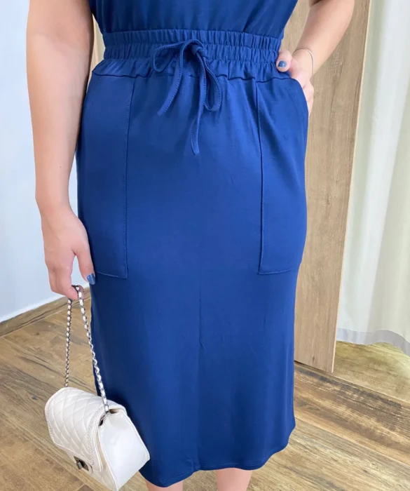 Conjunto Feminino Moletinho Suzy Cropped e Saia Midi Azul Marinho - Fernanda Ramos Store