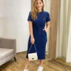 Conjunto Feminino Moletinho Suzy Cropped e Saia Midi Azul Marinho - Fernanda Ramos Store