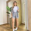 Conjunto Feminino Viscolinho Camisa Manga 3/4 e Short Cinza - Fernanda Ramos Store