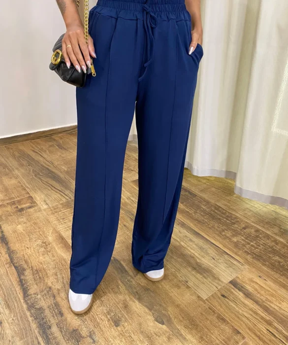 Conjunto Moletinho Calça Pantalona e Cropped Azul Marinho - Fernanda Ramos Store