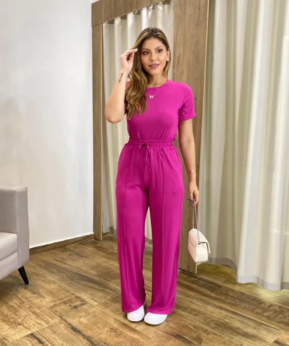 Conjunto Moletinho Calça Pantalona e Cropped Fúcsia - Fernanda Ramos Store