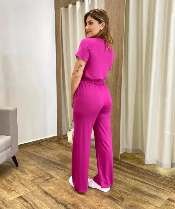 Conjunto Moletinho Calça Pantalona e Cropped Fúcsia - Fernanda Ramos Store