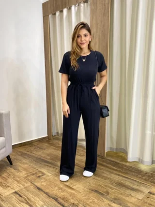 Conjunto Moletinho Calça Pantalona e Cropped Preto - Fernanda Ramos Store