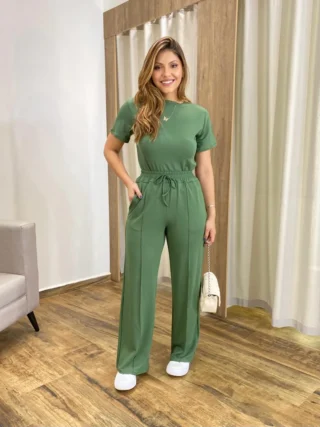 Conjunto Moletinho Calça Pantalona e Cropped Verde Oliva - Fernanda Ramos Store