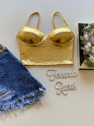 Cropped Feminino com Bojo Alça Fina Metalizado Dourado - Fernanda Ramos Store