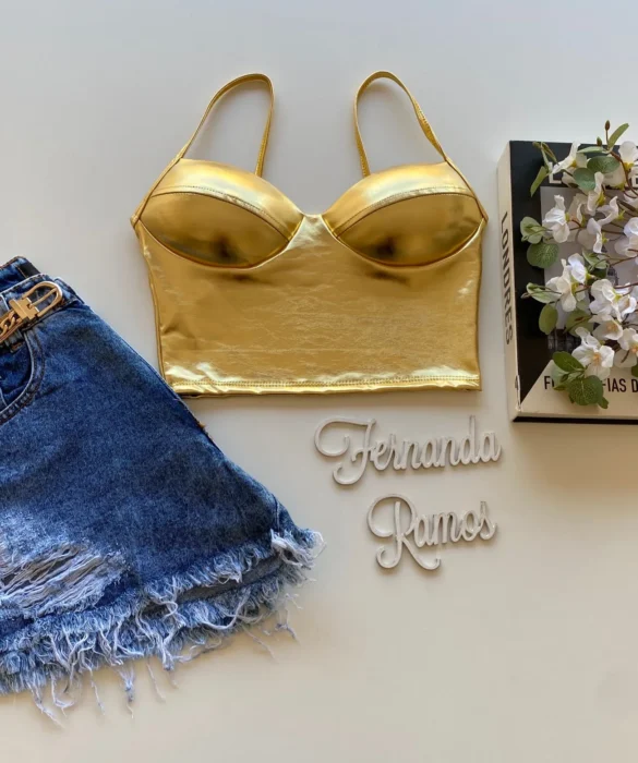 Cropped Feminino com Bojo Alça Fina Metalizado Dourado - Fernanda Ramos Store