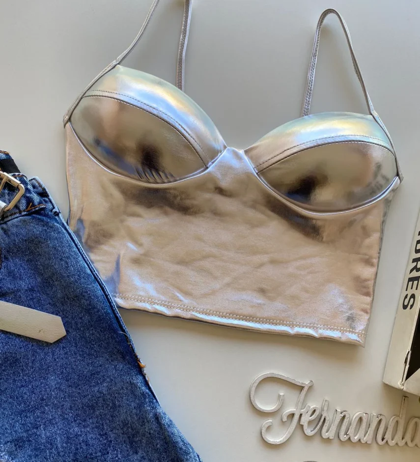 Cropped Feminino com Bojo Alça Fina Metalizado Prata - Fernanda Ramos Store
