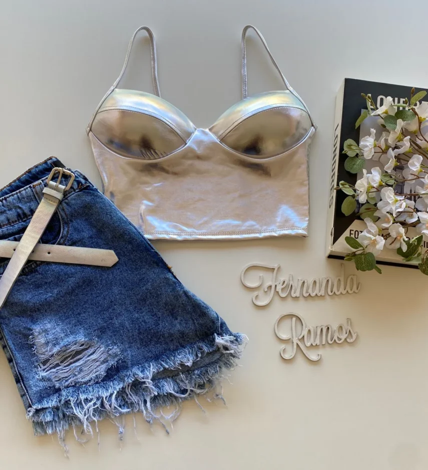 Cropped Feminino com Bojo Alça Fina Metalizado Prata - Fernanda Ramos Store