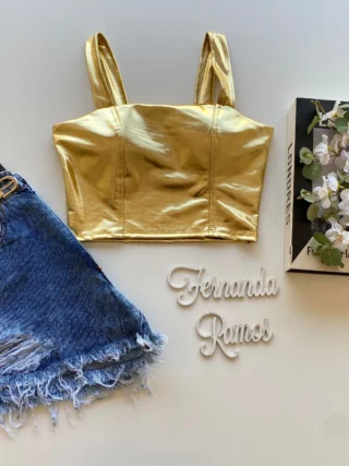 Cropped Feminino com Bojo Alça Larga Metalizado Dourado - Fernanda Ramos Store