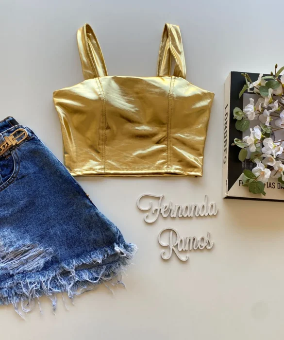 Cropped Feminino com Bojo Alça Larga Metalizado Dourado - Fernanda Ramos Store