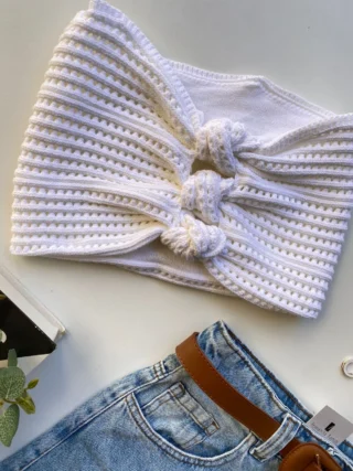 Cropped Feminino Tricot Off White com Detalhe de Nó - Fernanda Ramos Store