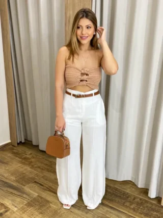 Cropped Feminino Tricot Bege com Detalhe de Nó - Fernanda Ramos Store