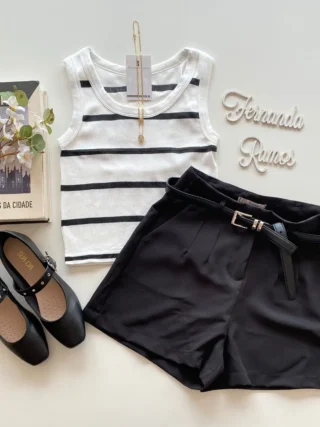 Cropped Regata Feminino sem Bojo Branco Listrado de Preto - Fernanda Ramos Store