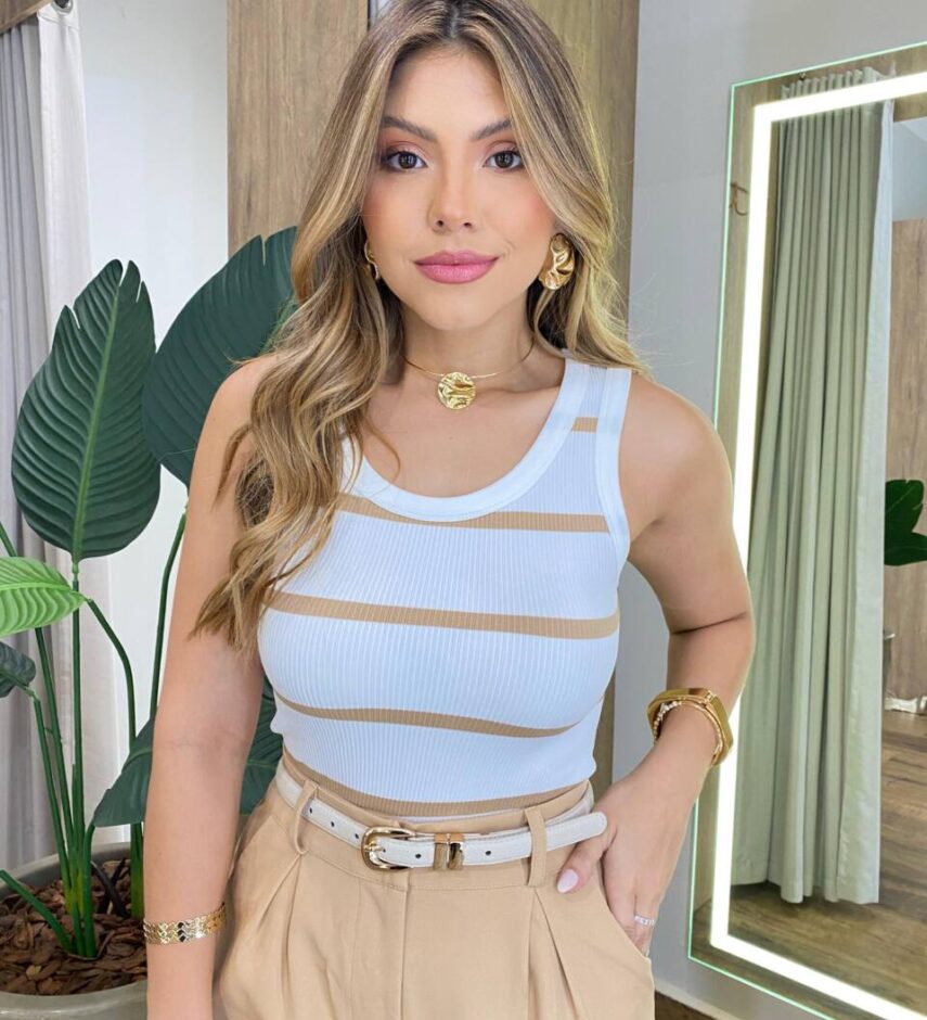 Cropped Regata Feminino sem Bojo Off White Listrado de Bege - Fernanda Ramos Store