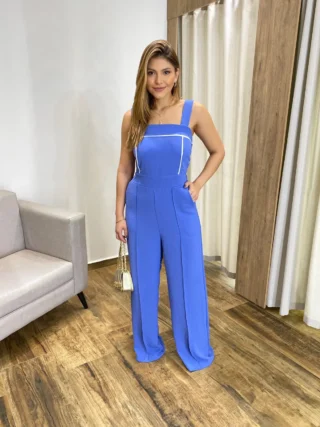 Macacão Feminino Longo Pantalona com Bojo e Bolsos Azul - Fernanda Ramos Store