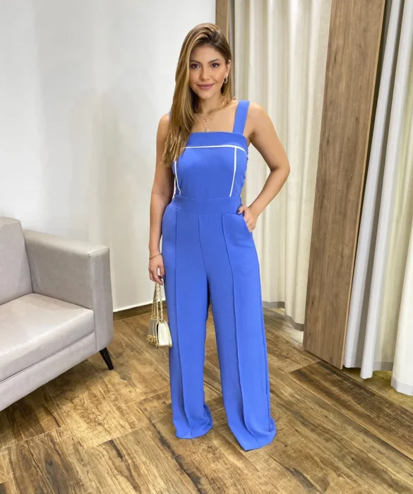 Macacão Feminino Longo Pantalona com Bojo e Bolsos Azul - Fernanda Ramos Store