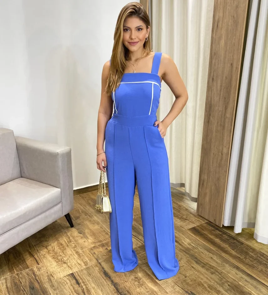 Macacão Feminino Longo Pantalona com Bojo e Bolsos Azul - Fernanda Ramos Store