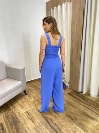 Macacão Feminino Longo Pantalona com Bojo e Bolsos Azul - Fernanda Ramos Store