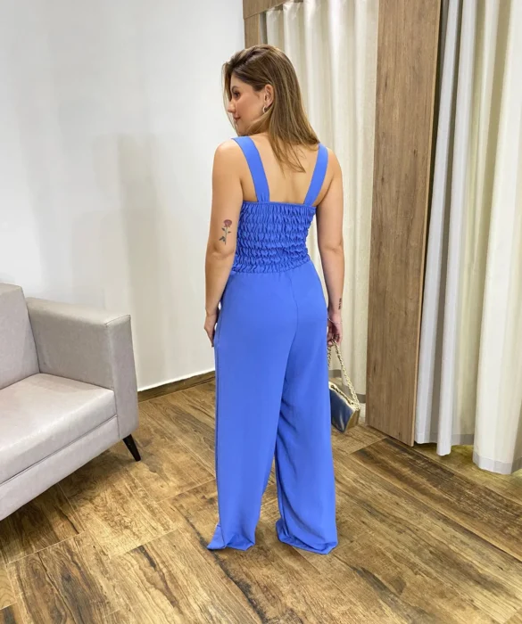 Macacão Feminino Longo Pantalona com Bojo e Bolsos Azul - Fernanda Ramos Store