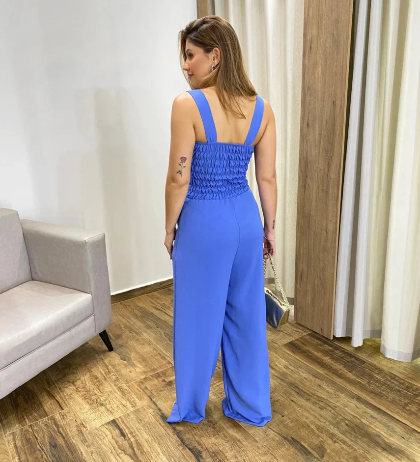 Macacão Feminino Longo Pantalona com Bojo e Bolsos Azul - Fernanda Ramos Store