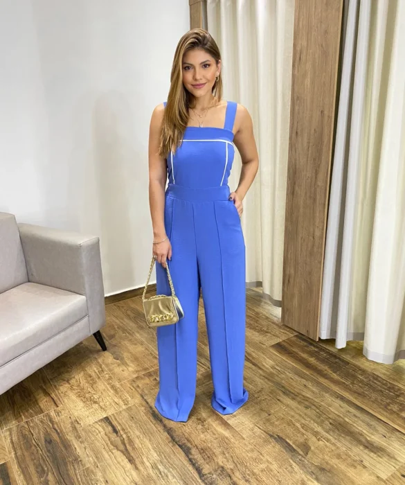 Macacão Feminino Longo Pantalona com Bojo e Bolsos Azul - Fernanda Ramos Store