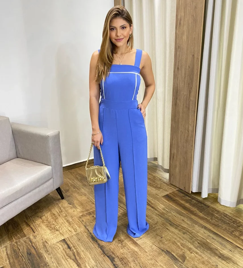 Macacão Feminino Longo Pantalona com Bojo e Bolsos Azul - Fernanda Ramos Store