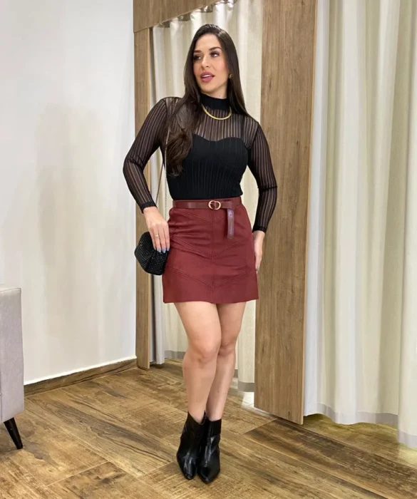 Saia Curta Feminina Gabriela Suede Bordo - Fernanda Ramos Store