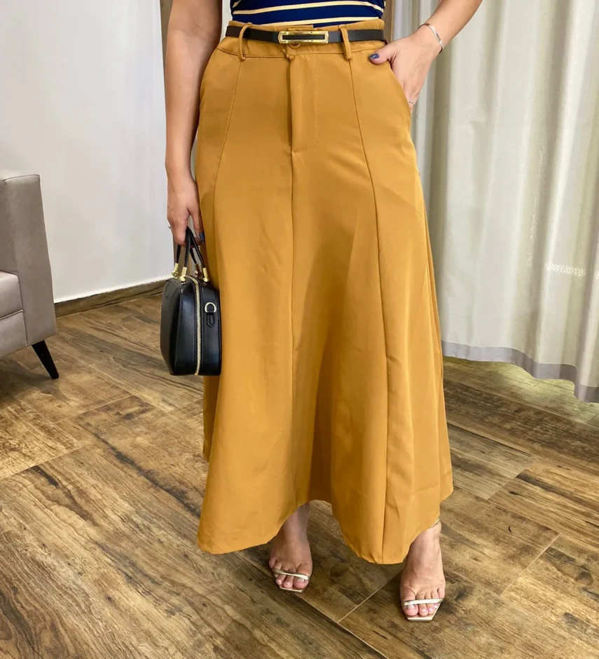 Saia Longa Feminina Alfaiataria Mostarda com Cinto - Fernanda Ramos Store