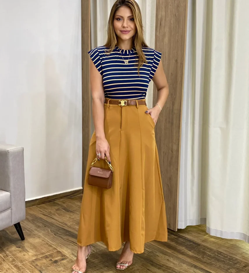 Saia Longa Feminina Alfaiataria Mostarda com Cinto - Fernanda Ramos Store