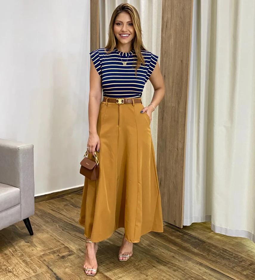 Saia Longa Feminina Alfaiataria Mostarda com Cinto - Fernanda Ramos Store