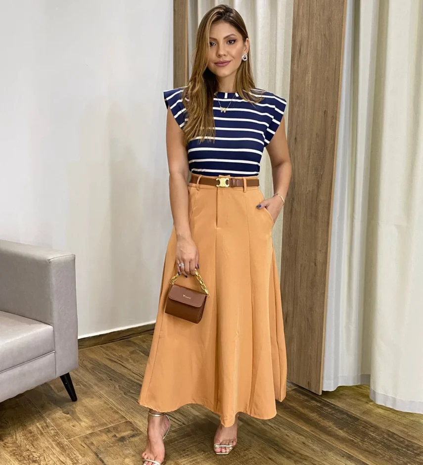 Saia Longa Feminina Alfaiataria Caramelo com Cinto - Fernanda Ramos Store