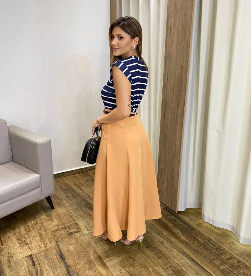 Saia Longa Feminina Alfaiataria Caramelo com Cinto - Fernanda Ramos Store