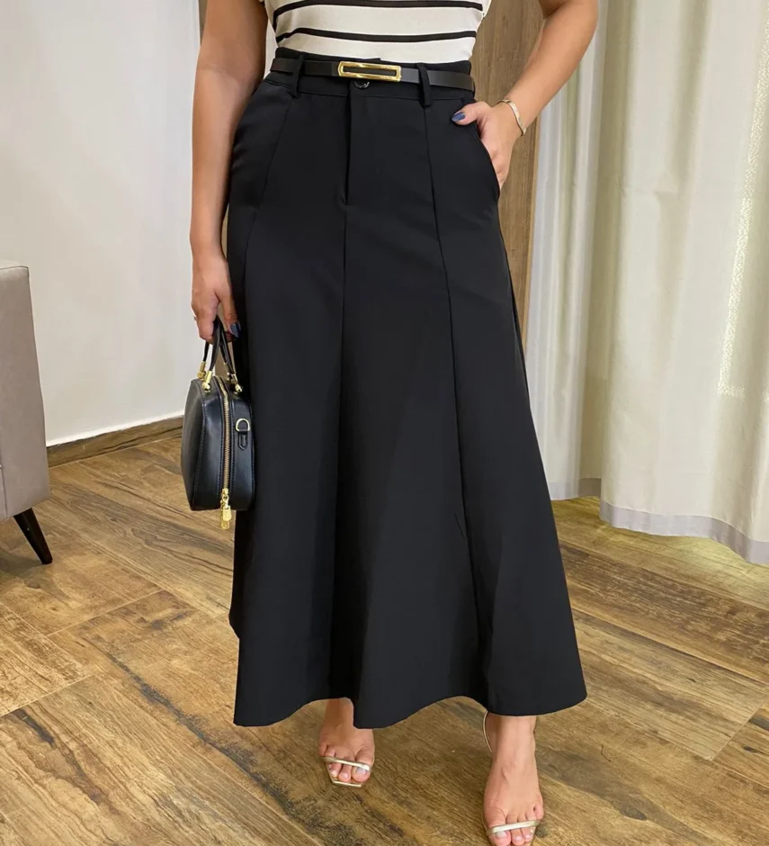 Saia Longa Feminina Alfaiataria Preta com Cinto - Fernanda Ramos Store