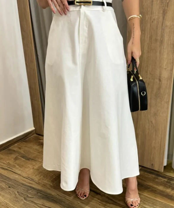 Saia Longa Feminina Ana Sarja Off White com Cinto - Fernanda Ramos Store