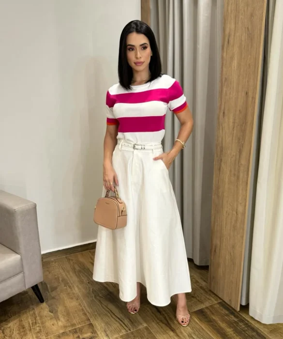 Saia Longa Feminina Ana Sarja Off White com Cinto - Fernanda Ramos Store