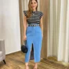 Saia Longa Feminina Jeans Cintura Alta com Fenda Frontal - Fernanda Ramos Store