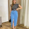 Saia Longa Feminina Jeans Cintura Alta com Fenda Frontal - Fernanda Ramos Store