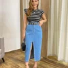 Saia Longa Feminina Jeans Cintura Alta com Fenda Frontal - Fernanda Ramos Store