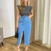 Saia Longa Feminina Jeans Cintura Alta com Fenda Frontal - Fernanda Ramos Store