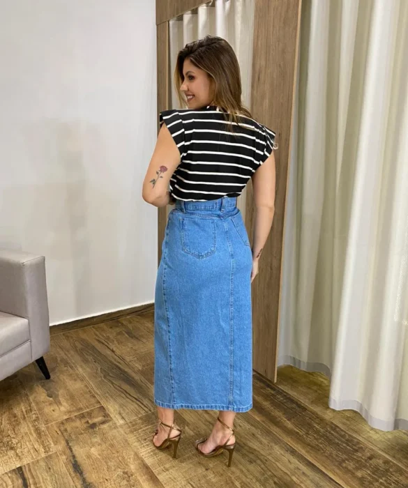 Saia Longa Feminina Jeans Cintura Alta com Fenda Frontal - Fernanda Ramos Store