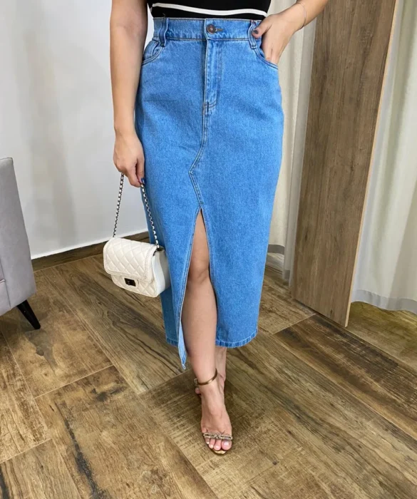 Saia Longa Feminina Jeans Cintura Alta com Fenda Frontal - Fernanda Ramos Store