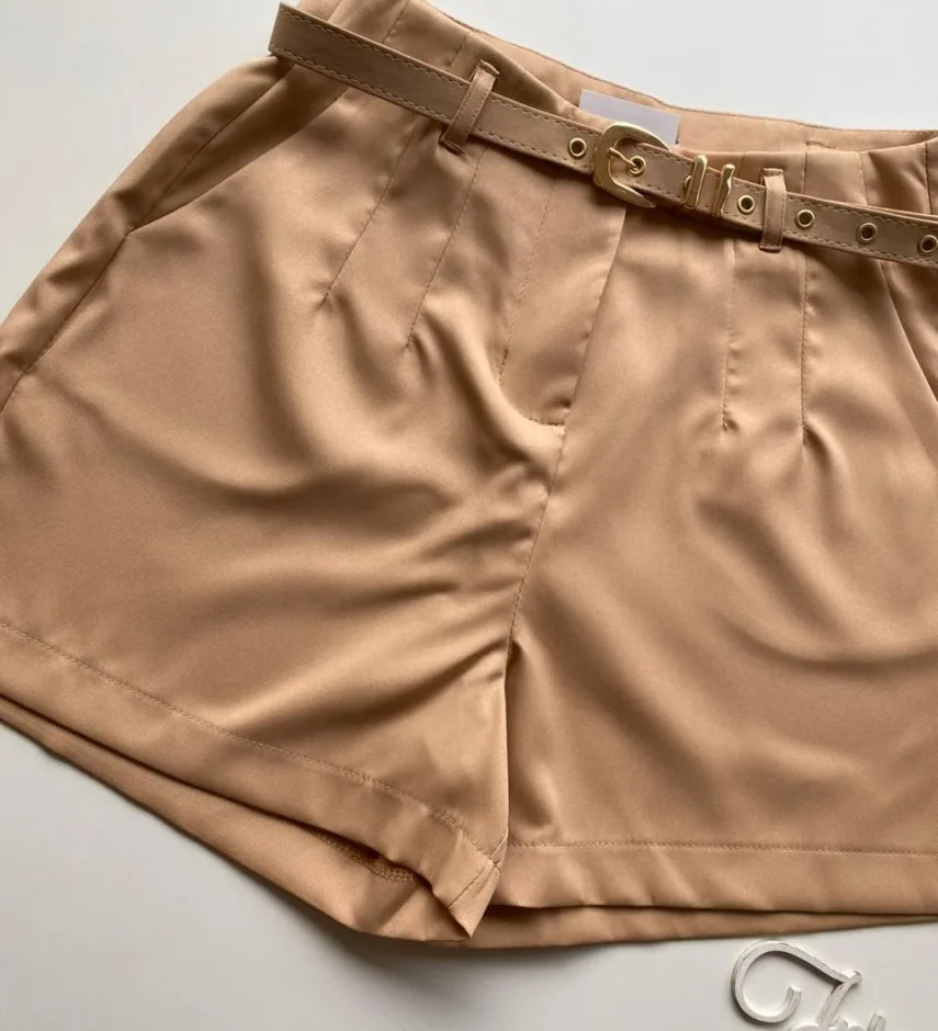 Short Social Feminino Alfaiataria com Cinto Bege - Fernanda Ramos Store