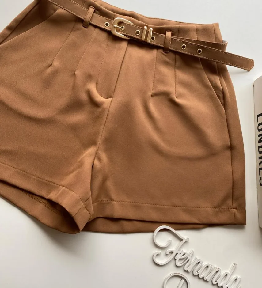 Short Social Feminino Alfaiataria com Cinto Bege Escuro - Fernanda Ramos Store