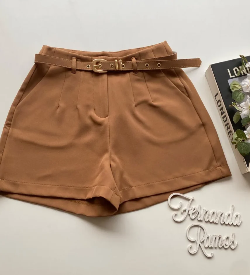 Short Social Feminino Alfaiataria com Cinto Bege Escuro - Fernanda Ramos Store
