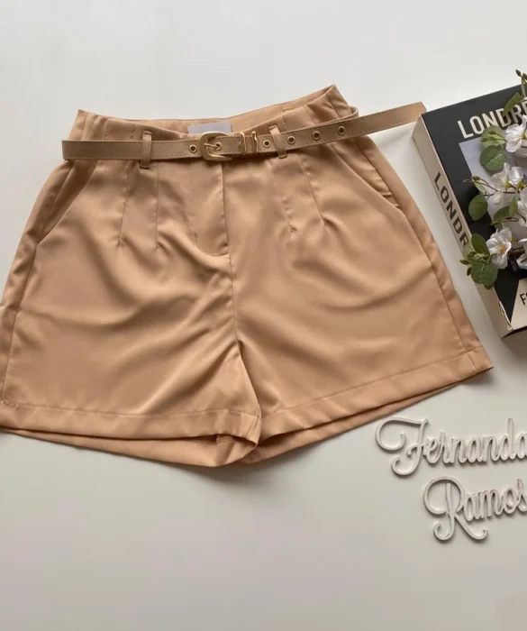 Short Social Feminino Alfaiataria com Cinto Bege - Fernanda Ramos Store