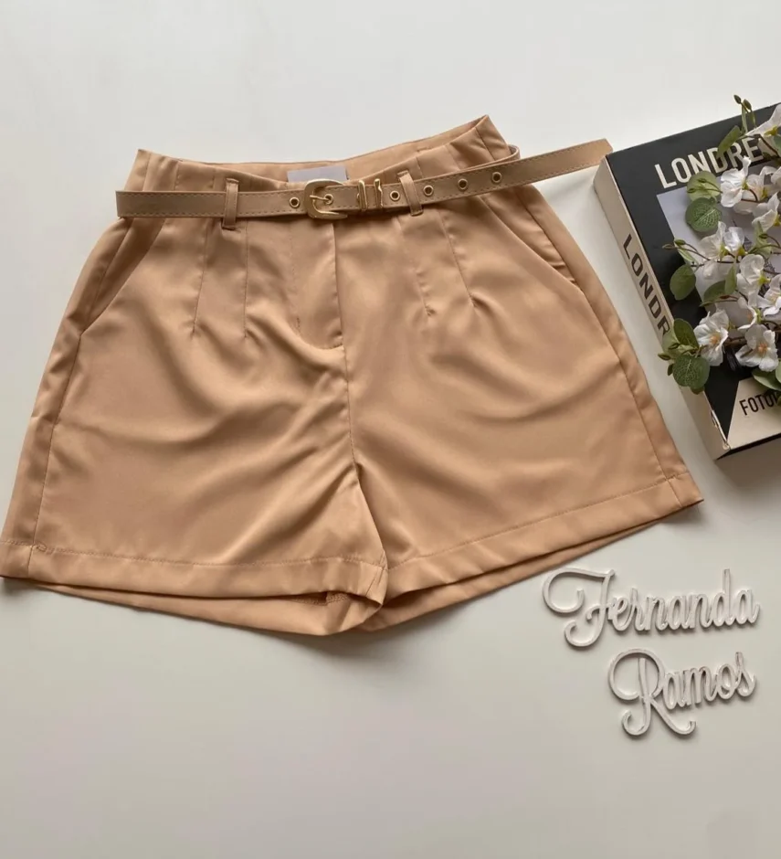 Short Social Feminino Alfaiataria com Cinto Bege - Fernanda Ramos Store
