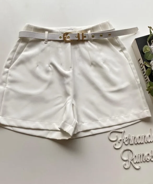 Short Social Feminino Alfaiataria com Cinto Branco - Fernanda Ramos Store